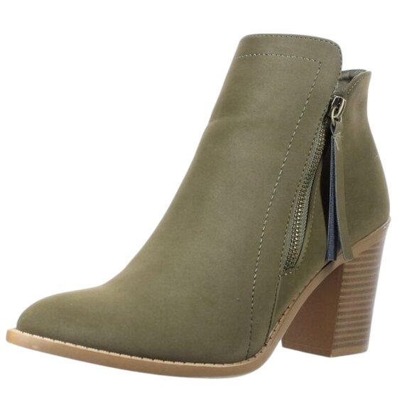 Stacked Chunky Heel Booties Olive Green Nubuck Ankle Boots | Earthy. Elevated. - Picture 5 of 5